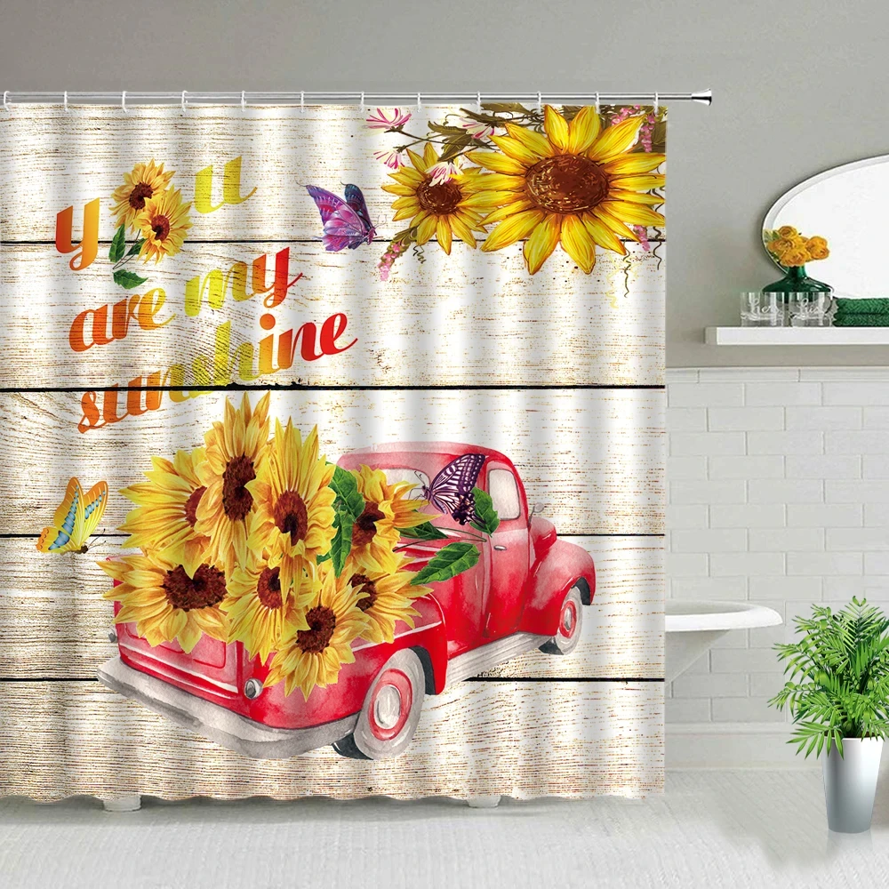 Tulip Flower Shower Curtain Farm Truck Sunflower Plant Butterfly Scenery Print Bathroom Decor Screen Bath Curtain With Hooks