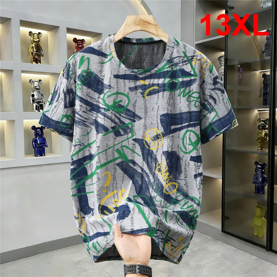 13XL 10XL Plus Size T-shirt Men Summer Short Sleeve Tops Tees Fashion Casual Graffiti Hole Design T-shirts Male Big Size 11XL