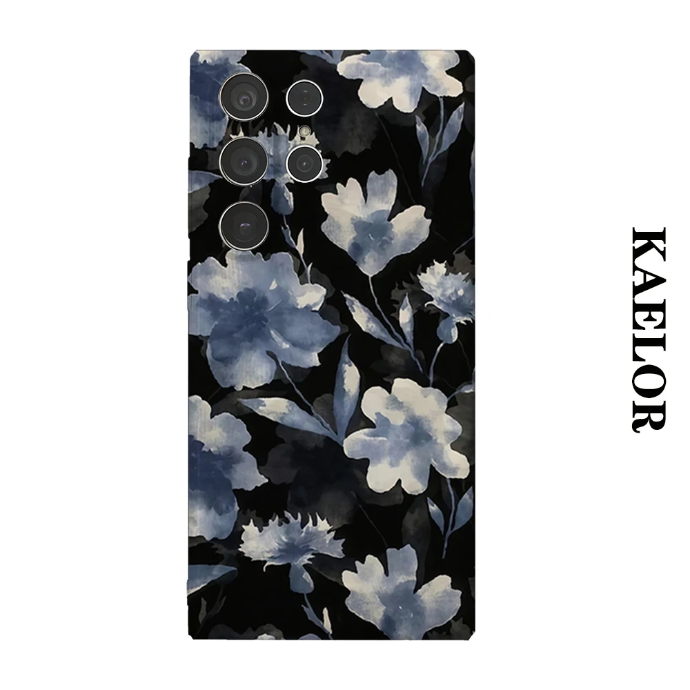 Blue Floral Durable Shiny Double-layer Case for Samsung S26 Ultra S25 S24 S23 Plus Anti-drop Scratch Resistant Cover