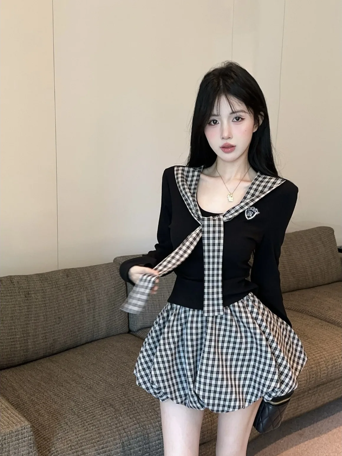 

Autumn Pure Desire orm High Waist Slim Long Sve T-irt Puffy Skirt f-length Skirt Two-piece Set Women's Faion