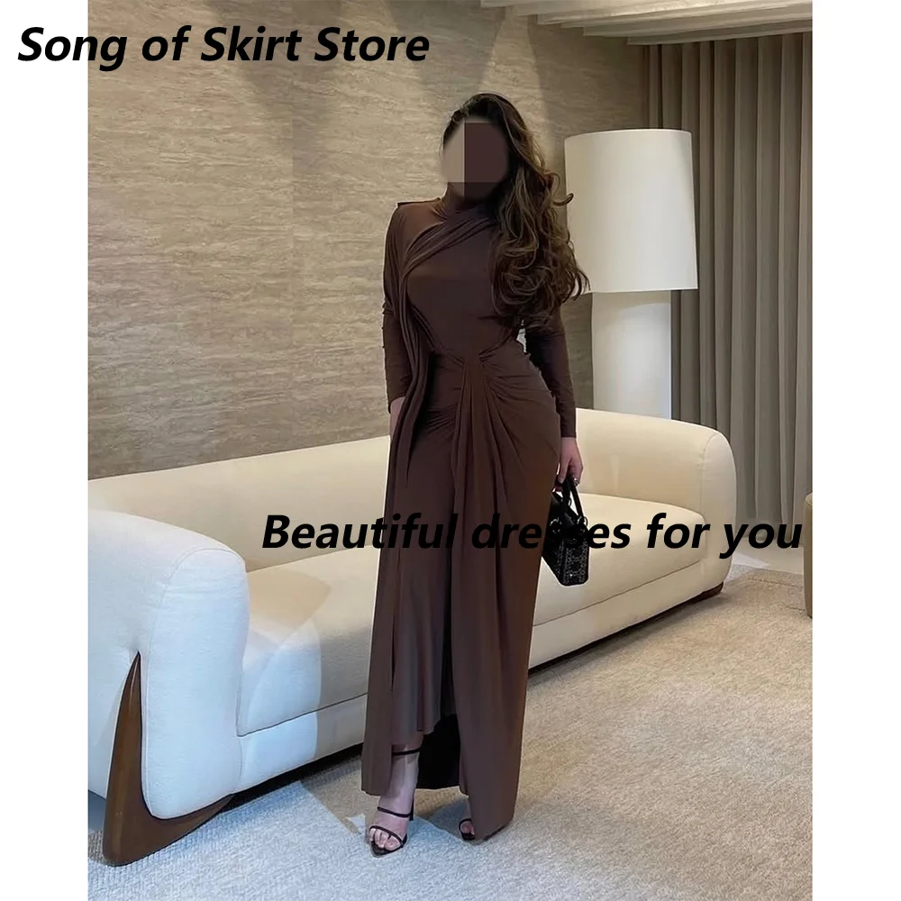 Brown Evening Dress Customized High Neck Long Sleeves Floor Length Jersey Saudi Arab Prom Gown Ankle Length Party Dress image 2