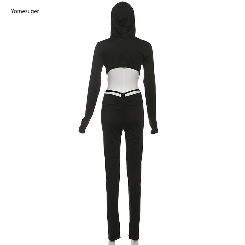 Yomesugar, осень 2022, женский черный комбинезон с капюшоном и длинными рукавами, открытой спиной, сексуальный эластичный узкий комбинезон без талии, полуночная клубная одежда