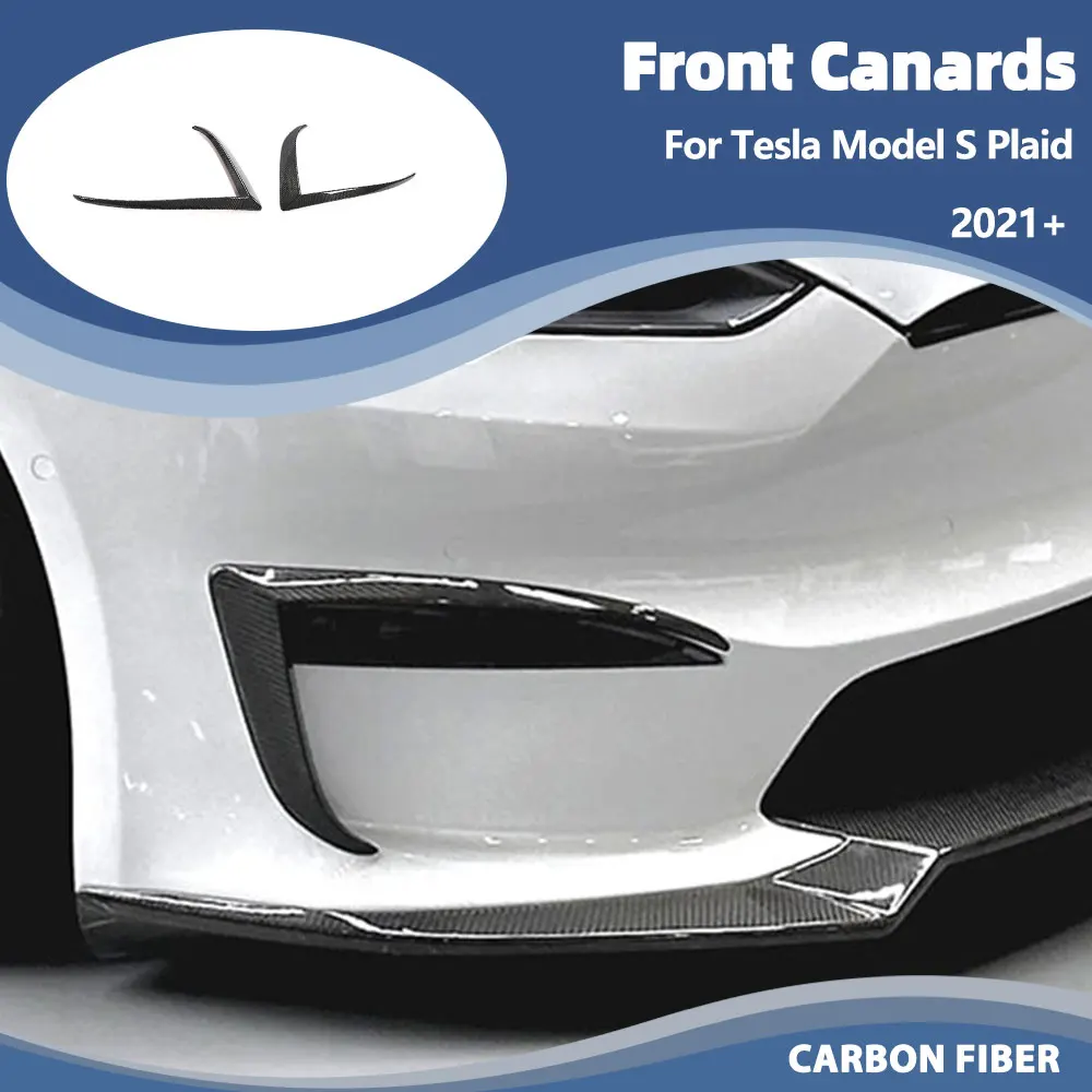 Car Front Bumper Fog Lamp Covers For Tesla Model S Plaid Sedan 4-Door 2021-2026 Real Carbon Fiber Front Canards Fins Trim