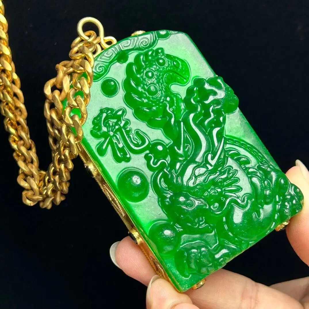 Certified Natural ice Green jade Jadeite Carved Dragon Pendant&Necklaces imperial tablet to which students and officials were re