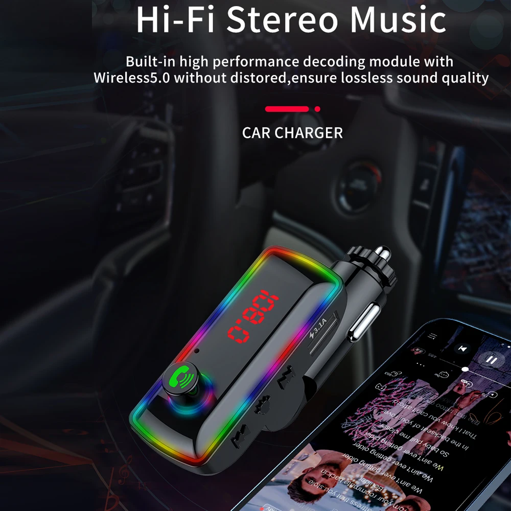 Car Bluetooth 5.0 FM Transmitter 5.0 Wireless Handsfree Car Kit Audio Receiver MP3 Player 3.1A Dual USB Fast Charger LED