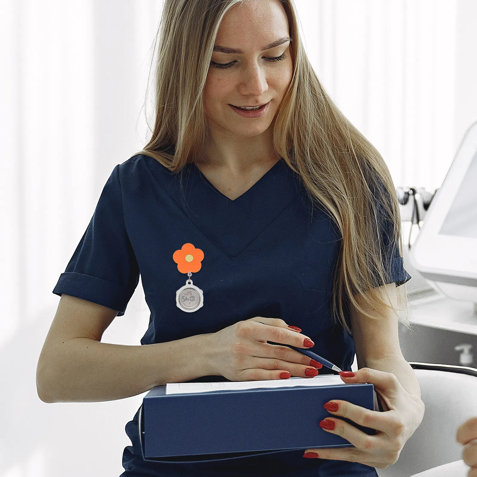 Luminous Digital Nurse Fob Watch Orange Flower Clip Retractable Lightweight Waterproof Clip-on Pocket Watch Brooch
