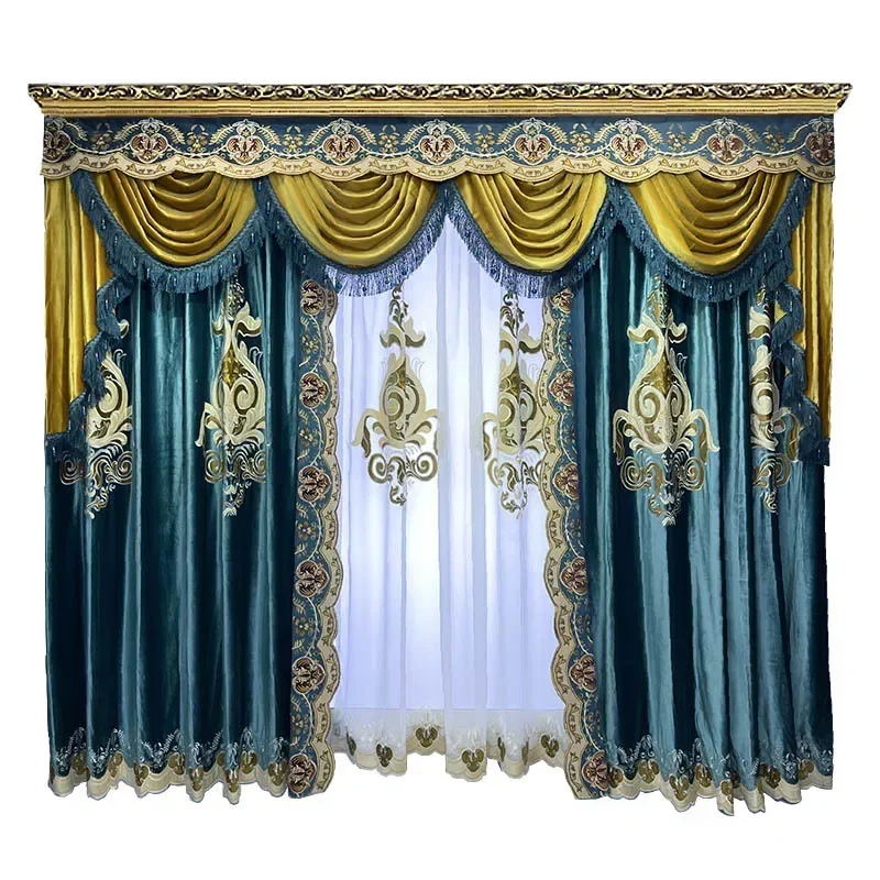 

European villa curtains, lake blue duplex high-end flannel curtains