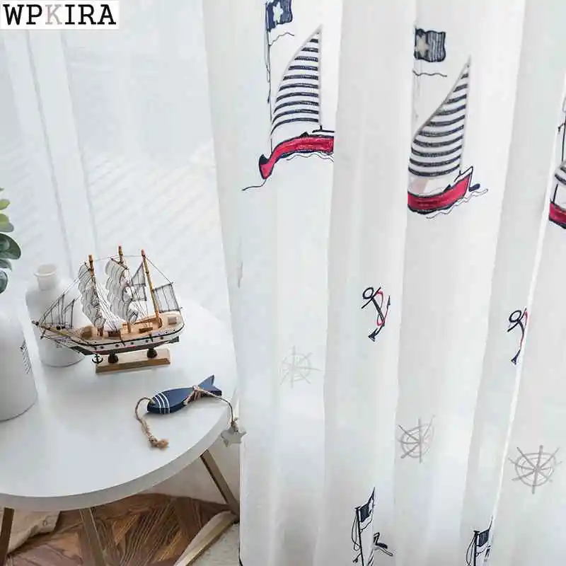 Children Bedroom White Embroidered Sailboat Window Drapes Curtain Decoration Tulle Curtains S286&C