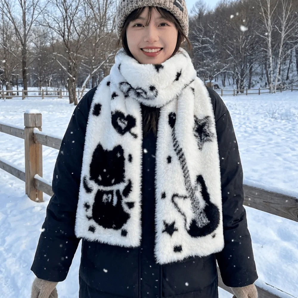 Cute Thick Guitar Cats Scarf Double Sided Soft Winter Scarf Imitation Mink Velvet Fuzzy Texture Long Muffler Autumn Winter