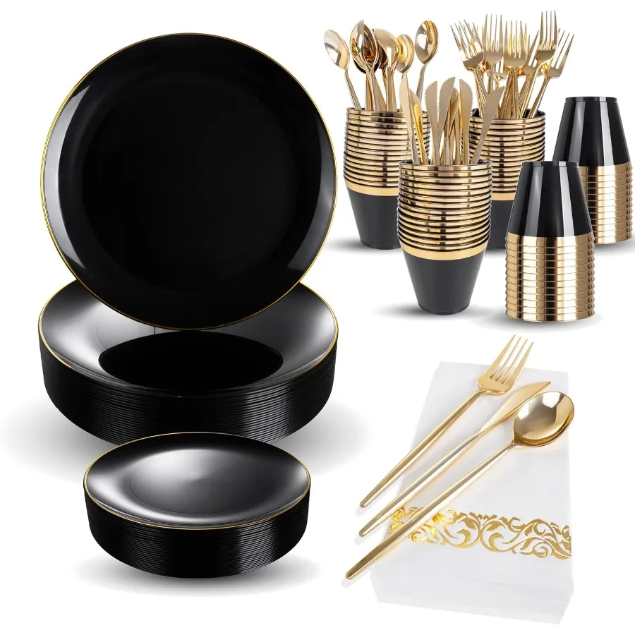 

210 шт. черные и золотые одноразовые тарелки, черные тарелки, черные и золотые тарелки включают 30 обеденных тарелок, десертная тарелка, 30 чашек и 30 салфеток, 9