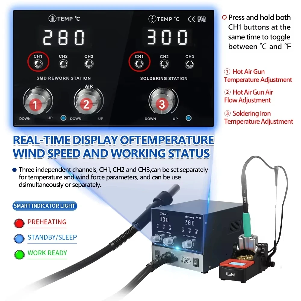 

Kaisi 8624P 2 в 1, 800 Вт, паяльная станция BGA, паяльник SMD, 210 ручек, станция для распайки, дисплей, сварочный инструмент
