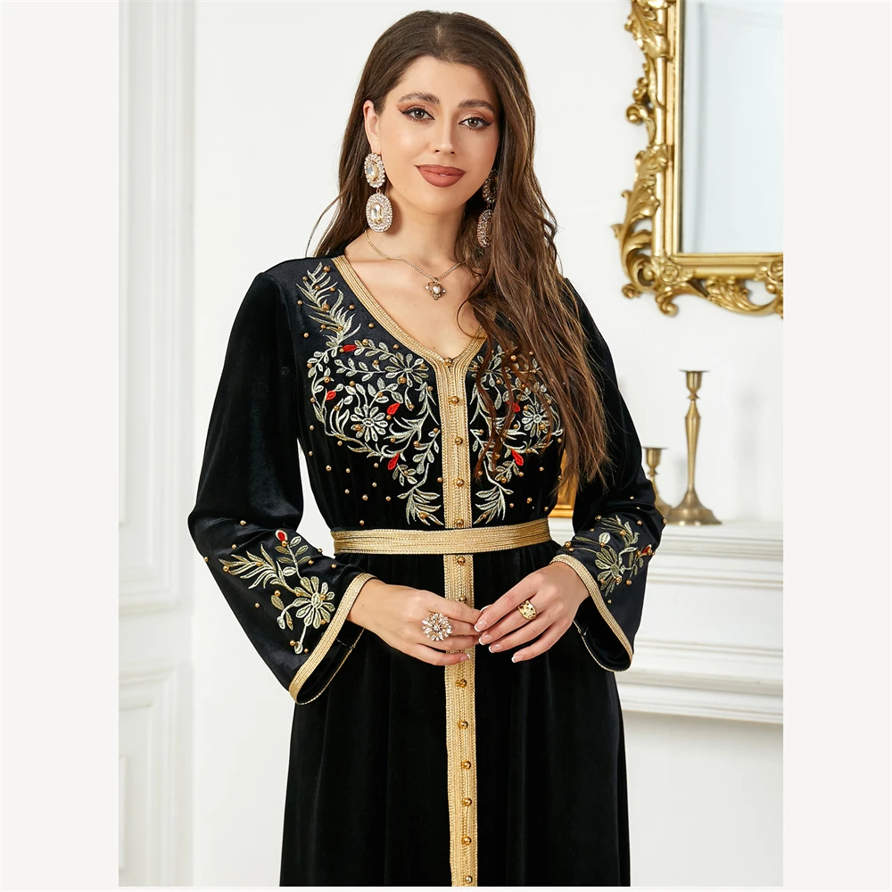 Elvet Embroidered Abaya for Women Beaded Belted Islamic Dress Muslim Dubai Caftan Moroccan Kaftan Ramadan Eid Jalabiya Djellaba