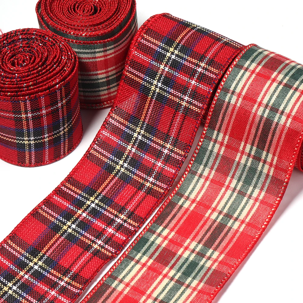 3Yards/Roll Imitation Hemp Wire Edge Ribbon Christmas Red Green Plaid Linen Ribbons for DIY Crafts Bow Handmade Gift Wrapping