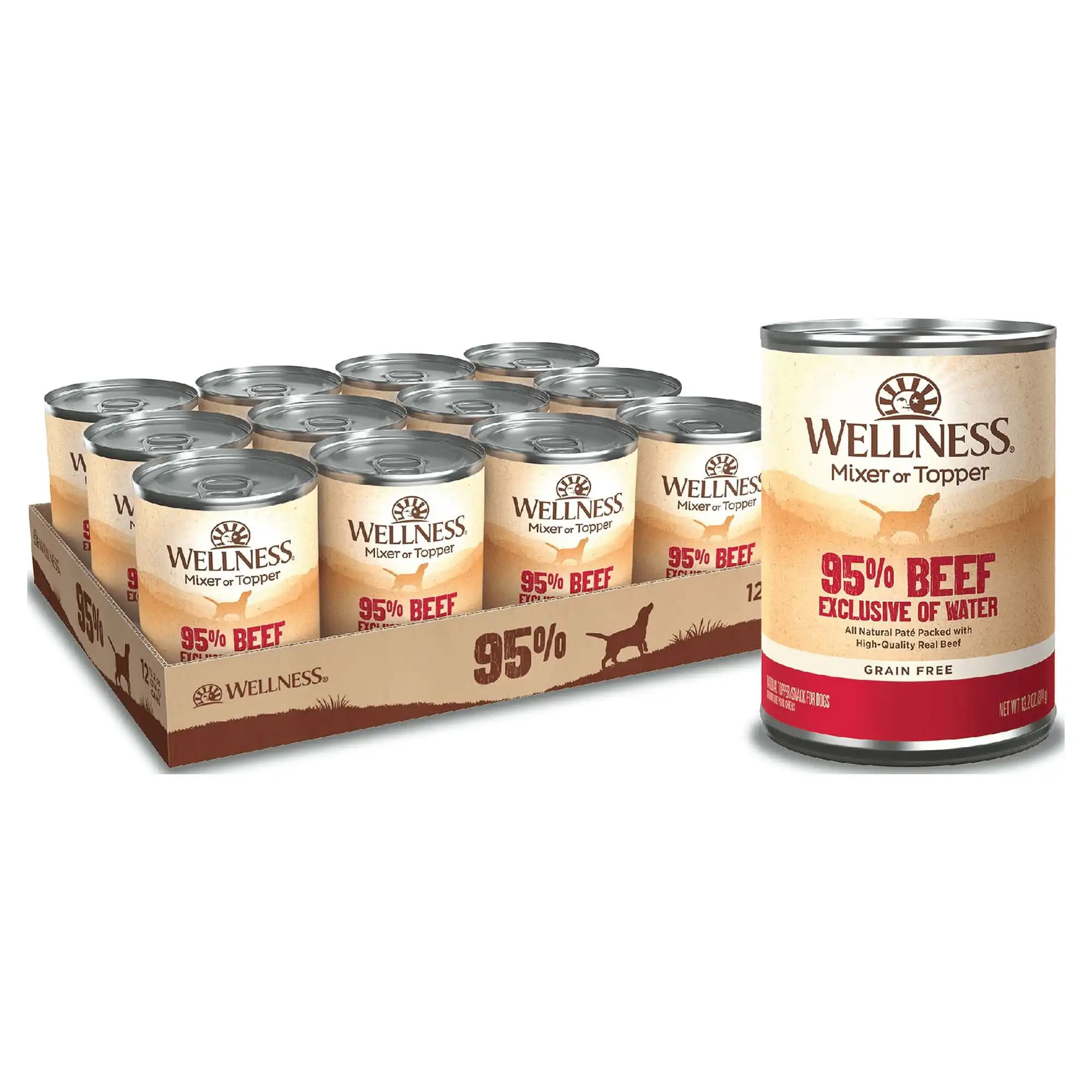Wellness Cibo per cani in scatola naturale al 95% di manzo umido senza cereali, lattina da 13,2 once (confezione da 12)