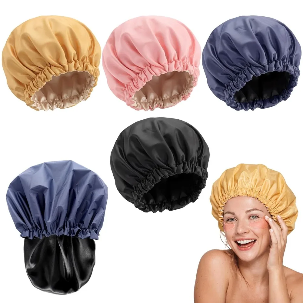 

4 Pcs Shower Cap Satin Lined for Hair Protection Waterproof Reusable for Women Long Hair Bath Caps with Satin Interior