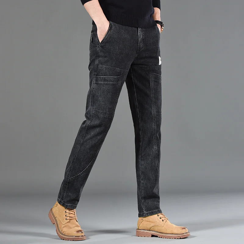 2024 New Men's Multi Pocket Jeans Men's Slim Fit Fashion Small Straight Leg Versatile Elastic Casual Pants