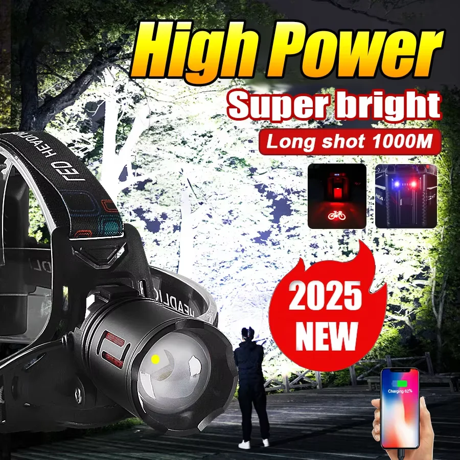 

High Power Rechargeable Outdoor Head Torch 3*18650 Battery Strong Light Headlamp 3 Modes Camping Head Light Type-C Charging LED