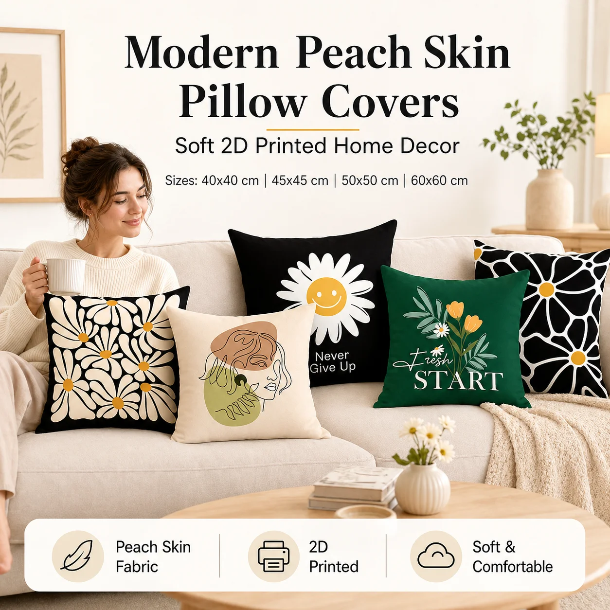 

Modern Daisy Flower Peach Skin Pillow Cover 2D Flat Printed Cushion Case for Living Room Sofa Bedroom Home Decor 45x45cm New