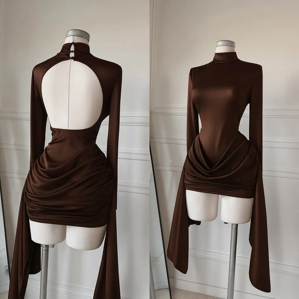 Sexy Backless High Neck Ruched Mini Dress Long Sleeve Satin Bodycon Dress with Draped Panel, Perfect for Evening Party