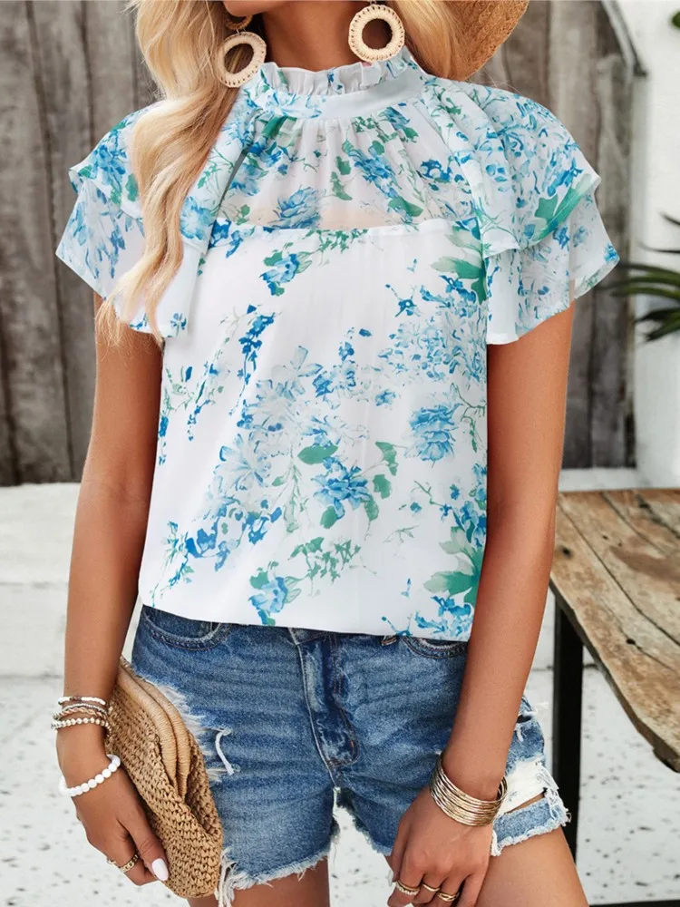 

Summer T-shirts 2024 New Women's Clothing Casual Printed Petal Sleeve Elegant Top Temperament Commuting Female Fashion Pullovers