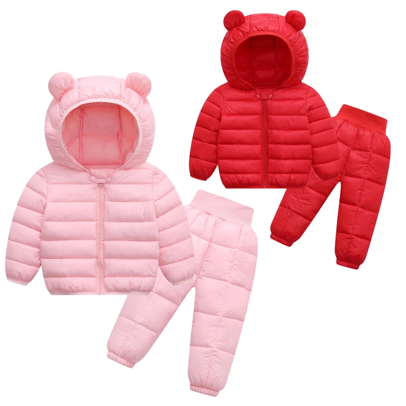New Winter Thick Keep Warm Girls Clothing Set Bright Fabric Hooded Jacket+Pants 2Pcs Suit For Kids Children Cold Outfit