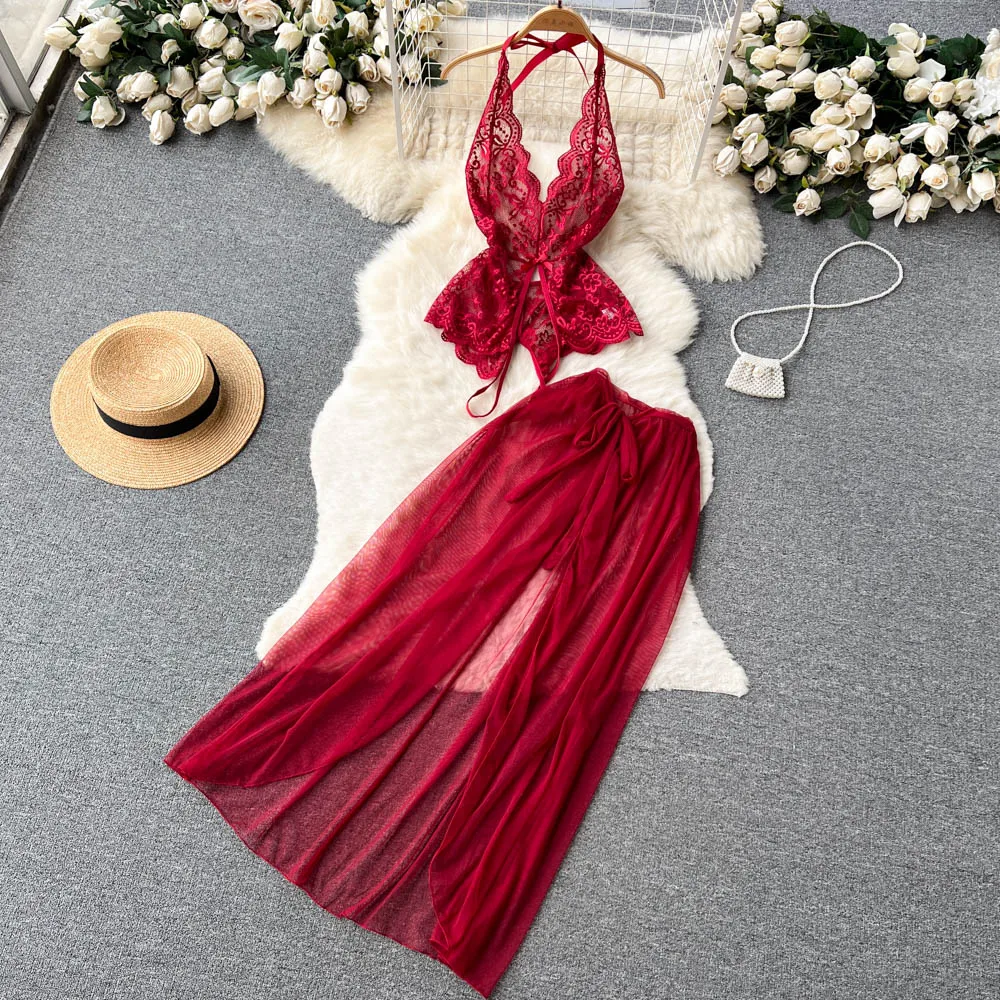

Sexy Backless Neckline Asymmetrical Split Halter Beach Skirt Women's Two-Piece Set Vacation Fashion Trendy Skirt