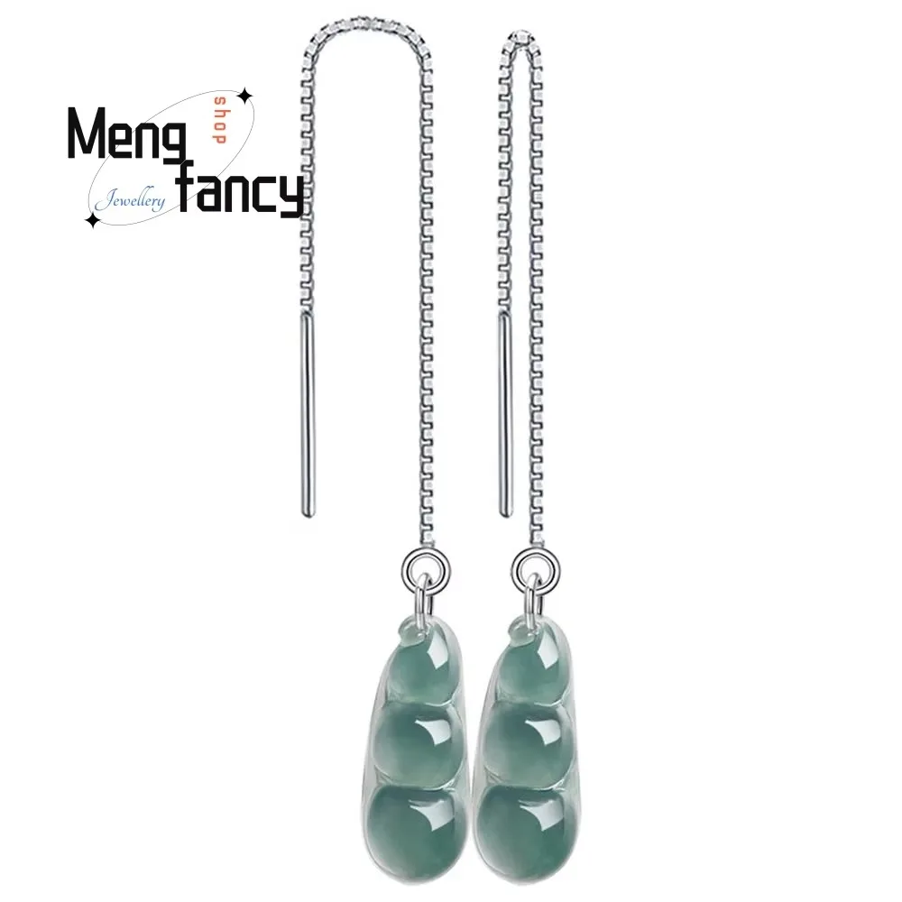 Natural A-goods Jadeite Blue Water Blessed Bean S925 Silver Ear Wires Simple Elegant Exquisite Fashion Jewelry Luxury Earrings