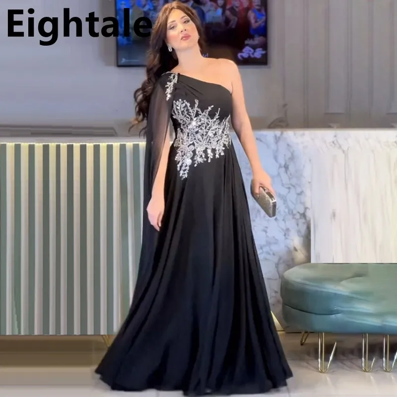 Eightale 2024 Black Chiffon Prom Dress One Shoulder Evening Dress Beaded Appliques Women Formal Party Gown Robes De Soirée