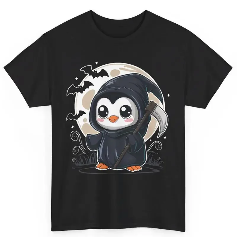 

Grim Reaper Penguin Halloween Graphic Tee Soft Cotton Short Sleeve T-Shirt for Men