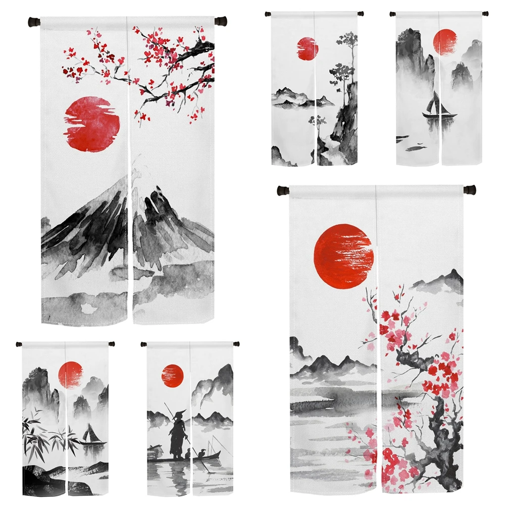 Japanese Door Curtain Red Sun Mount Fuji Ink Wash Plum Boat Design Japanese Chinese Zen Style for Tea Room Home Decor Partition