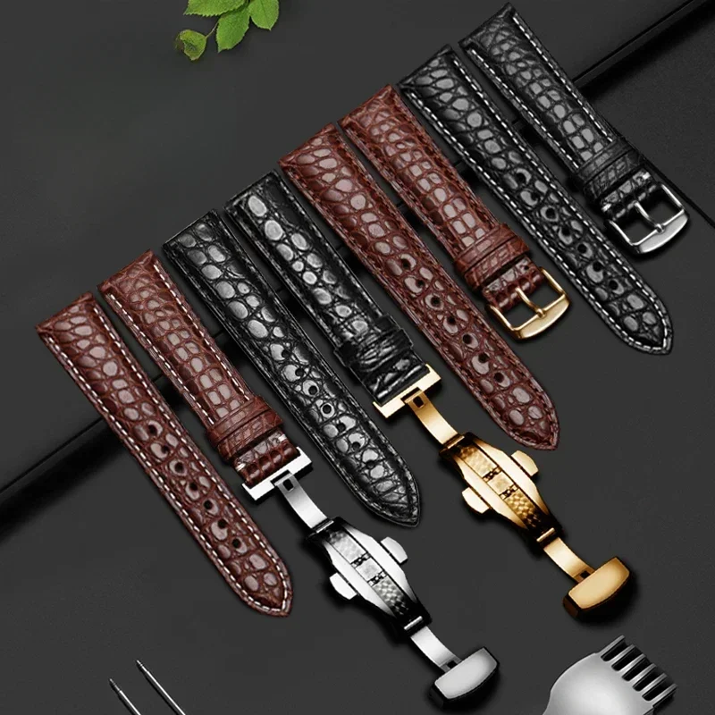 Piel de cocodrilo de doble cara para hombres y mujeres para Bao Po Bao Jia Jaeger-LeCoultre Omega Longines 18 19 22mm correa de reloj de cuero genuino