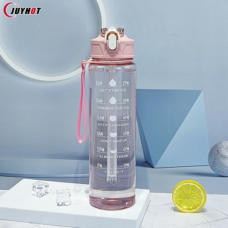 900ml Sports Bottle With Time Scale Outdoor Sports Leakproof Drinking Bottles Portable Fitness Motivational Straw Mug Cup