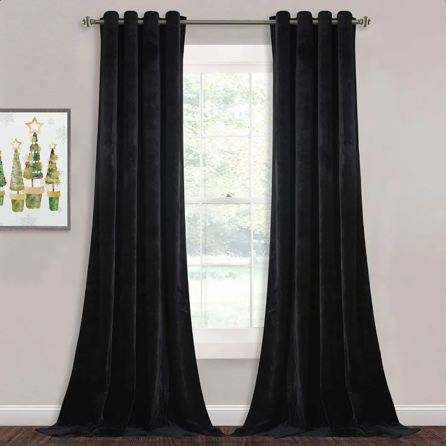 Blackout Black Veet Curtains 96 Inches Theater Curtains Grommet Heat Insulated Privacy Window Panels for Living Room Basement D