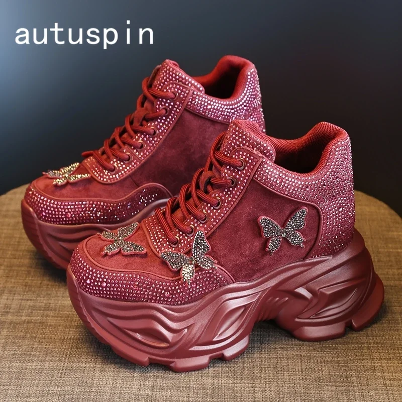 

AUTUSPIN 8cm Chunky Platform Luxury Sneakers for Women Fashion Crystal Butterfly Decoration Casual Sports Shoes Ladies Popular