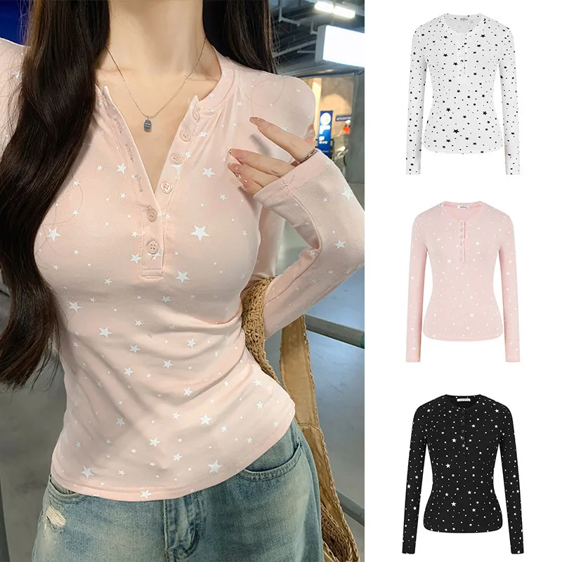 Long Sleeved Women's Temperament T Shirts Casual Button Ins Higt Street Clothing Black Ladies V Neck Fashion Harajuku Girl Top