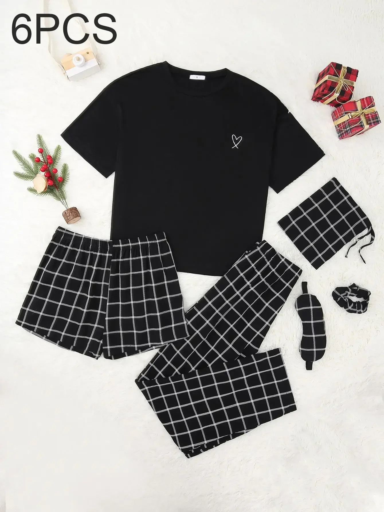 6 Pcs Women\'s Pajama Set Short Sleeves O Neck Solid Top & Plaid Shorts & Full-Length Pants Sleepwear Female Nightwear Homwaer