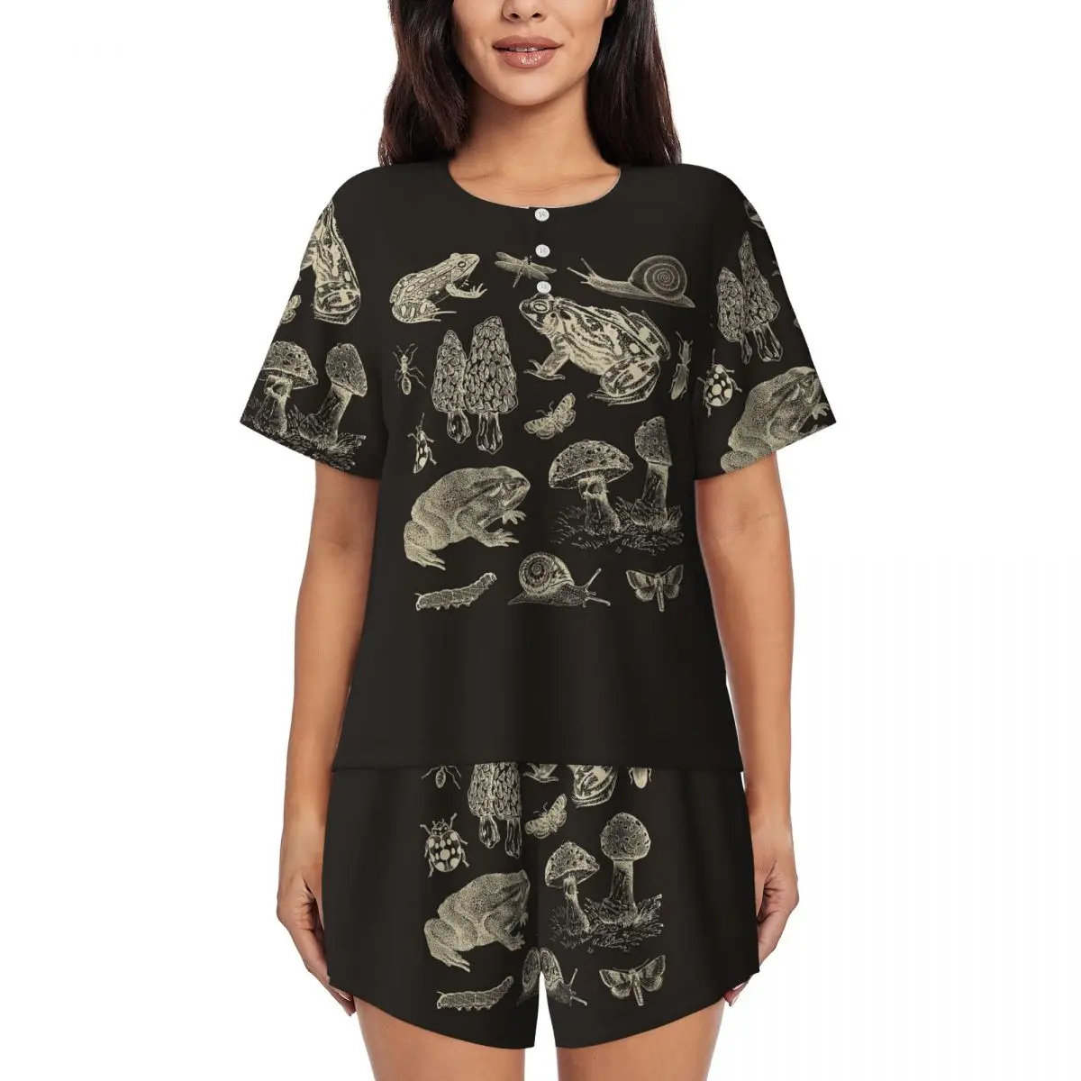 

Frog, Mushroom, Snail, And Moth Insects Round Neck Short Sleeves Nightdress for Sleepshirts Women Loose Pajama Set Short Pants