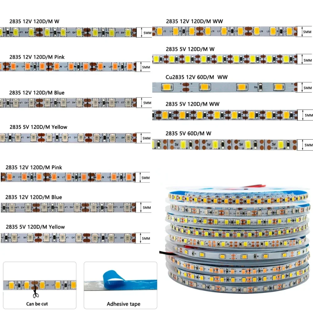 DC5V/12V 5M Ultra Narrow 5mm SMD2835 Led Strip 60/120leds/m Red Green Blue Warm White White LED Flexible Pixel Lights White PCB