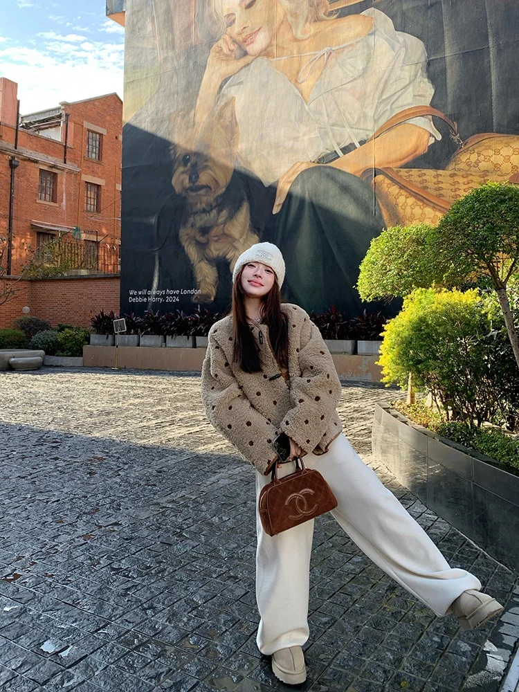 

EVNSLE Double-Sided Wear Polka Dot Suede Lamb Fur Inteated Jaet Women's Faion Warm round Ne Long Sve Coat