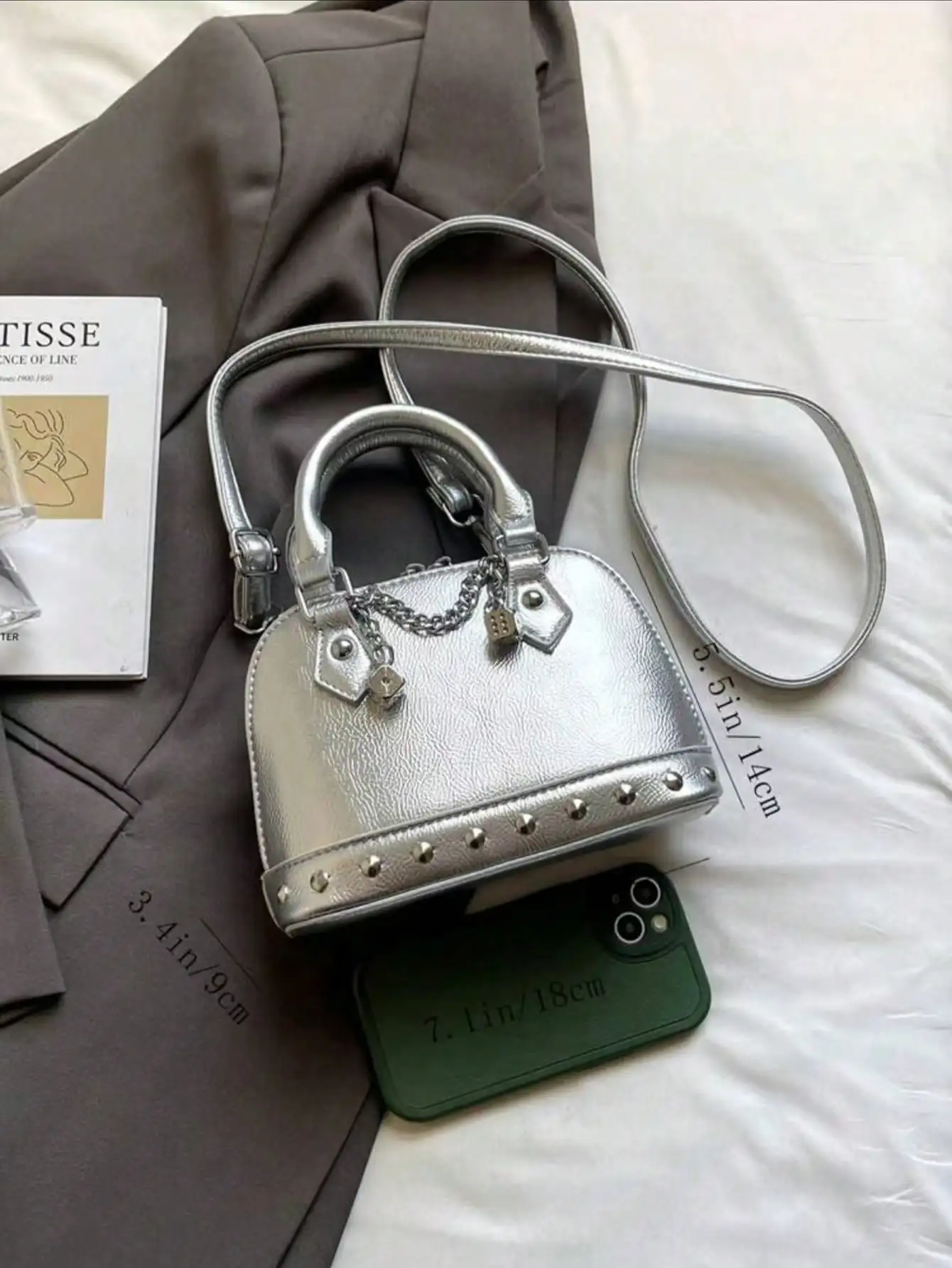 Silver PU Punk Rivet Chain Shell Bag - Mini Clutch/Underarm Bag for Shopping & Commuting