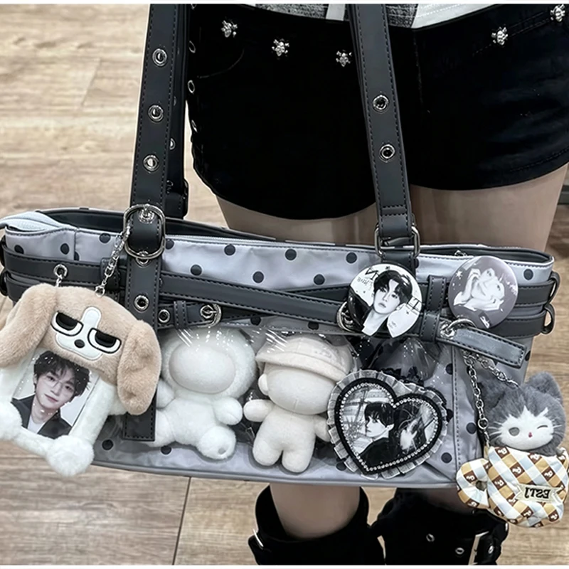 Polka Dot Ita-Tasche mit transparentem Sichtfenster, Damen Anime-Schultertasche, Lolita-Handtasche für Mädchen, Kawaii-Geldbörse mit Gürtelschnallendesign – Detail 11
