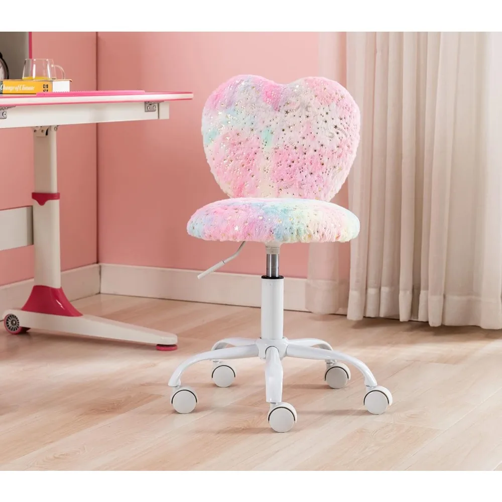 Desk Chair Faux Fur Study Chair for Teenage Girls, Adjustable Heart Shaped Kids Vanity Chair for Bedroom Reading Living Room