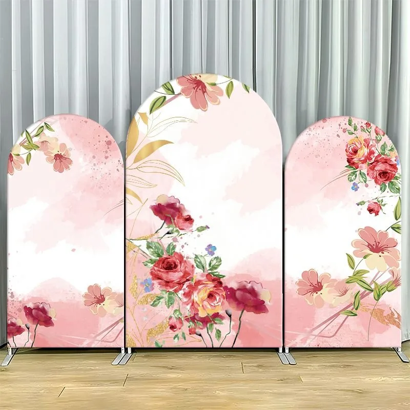 

Single Side Arch Backdrop Cover Elegant Pink Tile with Lemon Floral for Bridal Shower