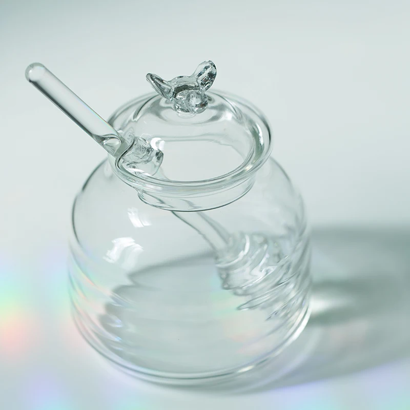 

*European simple transparent thickened borosilicate glass sugar jar food grade honey pot with lid storage jar