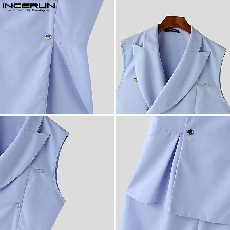 INCERUN Men Jumpsuits Lapel Collar Sleeveless Double Breasted Elegant Blazer Suit Long Pants Rompers Male One Piece Overalls