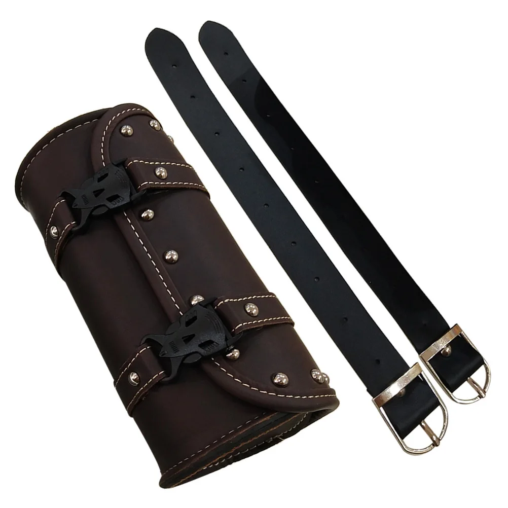 

Dark Brown Waterproof PU Motorcycle Saddlebag Heavy-Duty Round Storage Tool Bag Universal Motorcycle Luggage
