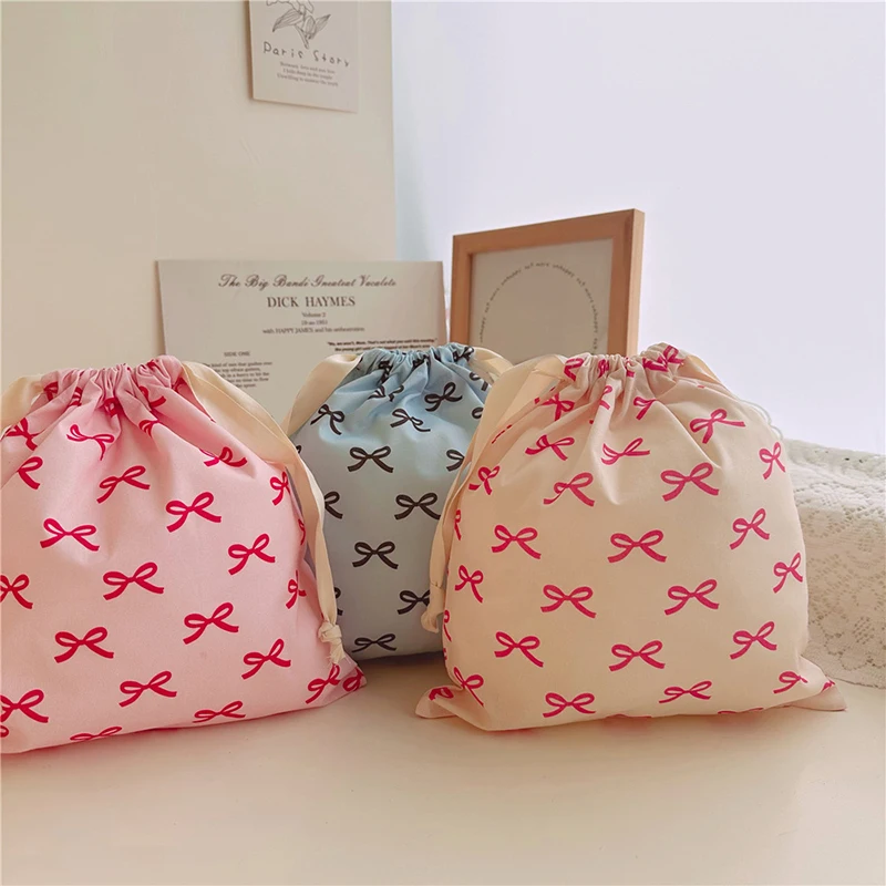 Cute Pink Bowknot Print Travel Skincare Drawstring Storage Bag Makeup Bag Underwear Clothing Storage Bag