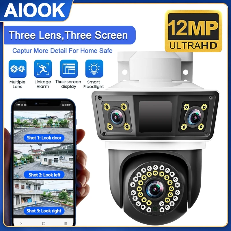 

AIOOK 390EYES Three Lens Camera HD 12MP 4K WIFI IP CCTV Mobile Tracking IP66 Waterproof PTZ Camera Night Vision Two Way Intercom