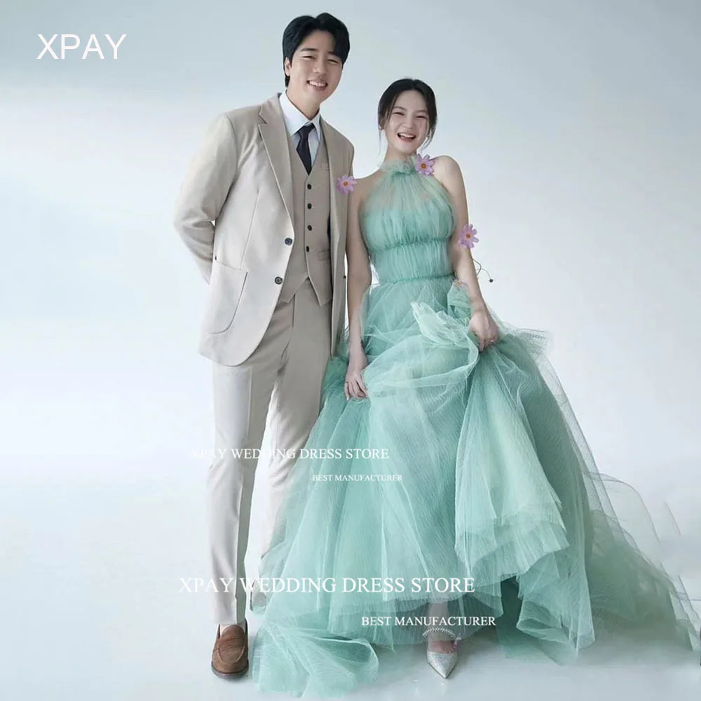 

XPAY Fairy Green Tulle Korea A Line Evening Dresses Halter Ruffles Pleats Sleeveless Formal Gown Photo Shoot Wedding Party Dress