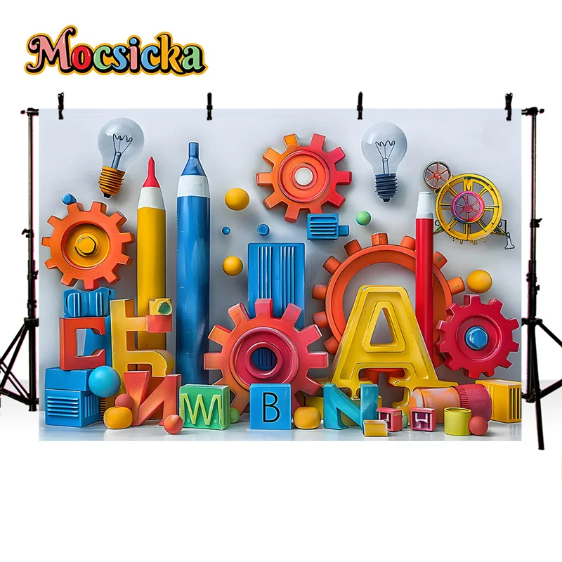 Mocsicka Photography Backdrops School Season Block Crayon Decor Backgrounds Happy Birthday Kids Portraits Photo Banners Studio